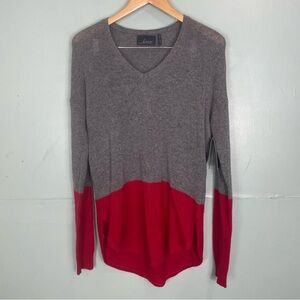 Line Knitwear Sweater Pullover Long Sleeve Women Large Gray Red 100% Cashmere